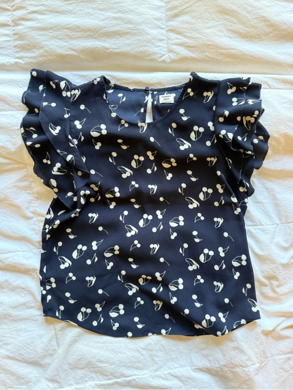 Sunday Best Navy Cherry Print O’Hara Ruffle Sleeve Blouse